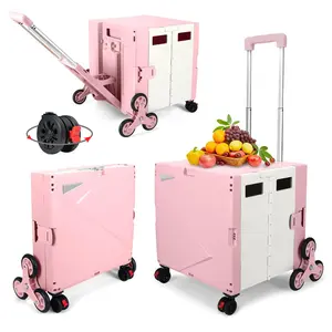 SELORSS Folding Climber Utility Cart Rolling Crate Tote on Rotate Wheels hand cart with Adjustable Handle Hidden Lid Cup Holder Storage (Pink White)