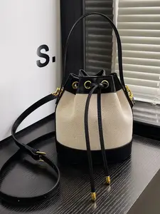 Women's bucket bag, fashionable and casual women's straw woven shoulder crossbody bag, drawstring closed small handbag, women's summer straw woven beach bag, must-have for vacation