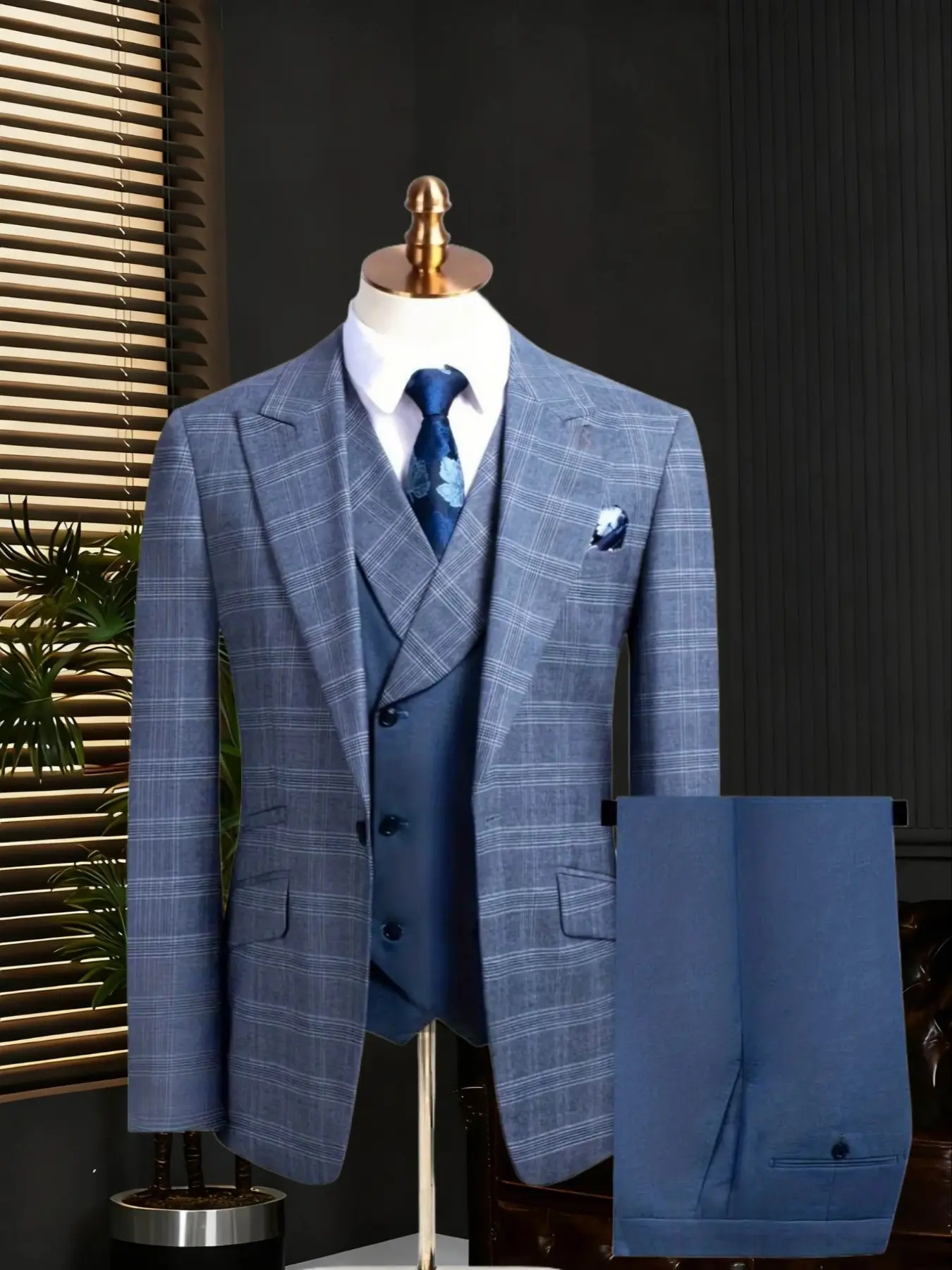 Wedding Men's Suit Plaid 3pcs Set Jacket + Vest + Pants, business, Casual Suits, Slim fit suit