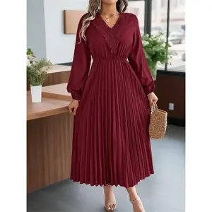 Women’s plain pleated dress with lace trim, elegant, classy, flattering, chic bishop sleeve V-neck A-line dress for parties, holidays, and wedding guests; ladies’ fall and winter clothing, womenswear