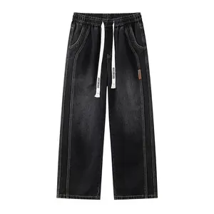 Men’s loose wide-leg jeans with an elastic waistband and drawstring design, made from high cotton for comfort and lightness. Men’s vintage-style long pants for autumn/winter, perfect for outdoor casual streetwear activities.