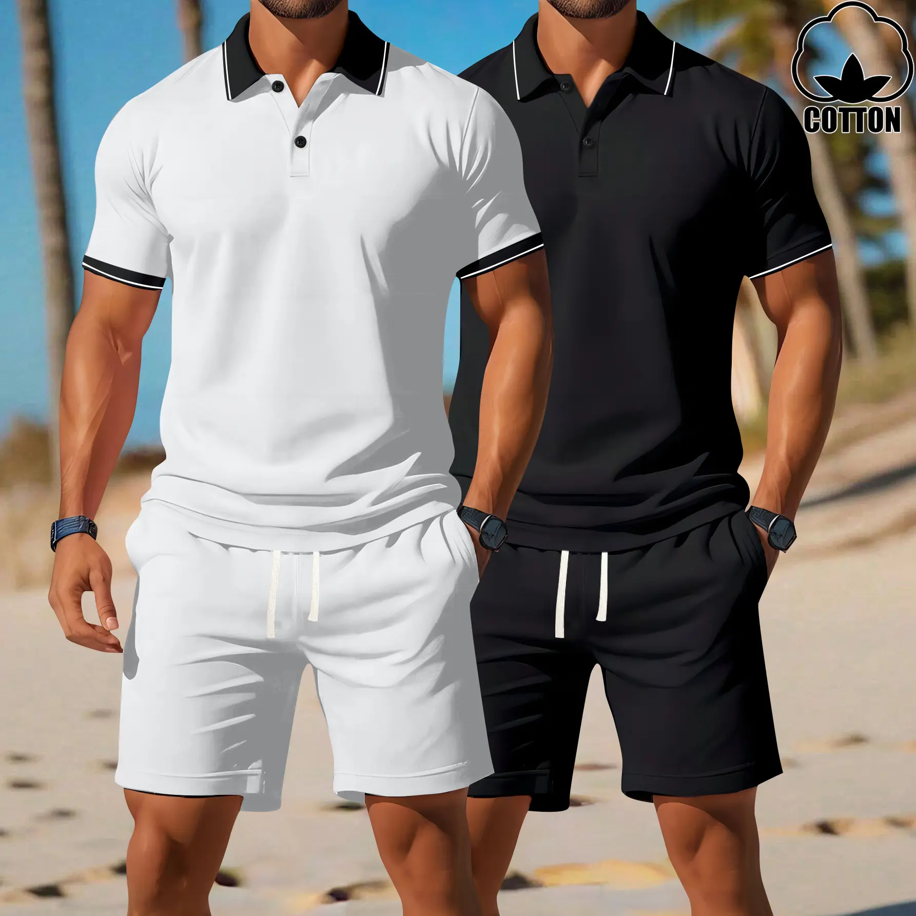Men's 2 Pack Summer Polo Shirt and Shorts Set | Casual Short Sleeve Tracksuit 2 Piece Outfits | Cotton Sporty Matching Suits for Golf, Vacation & Outings Available as a single set or a two-piece set Fabric Menswear Classic Clothes Elastic Fitness