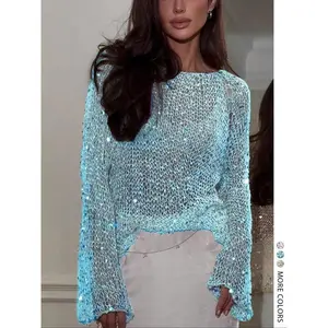 Women’s sequined mesh round-neck casual fitted long-sleeve knit top, pullover sweater for spring and fall, plain pattern, medium-weight fabric