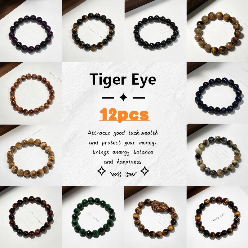 Unisex Natural Crystal Beaded Bracelets - Multi-Color Tiger Eye Jewelry with Protection Charm, Money Attraction & Good Luck, Ideal Gift for Daily Wear & Travel, Beading