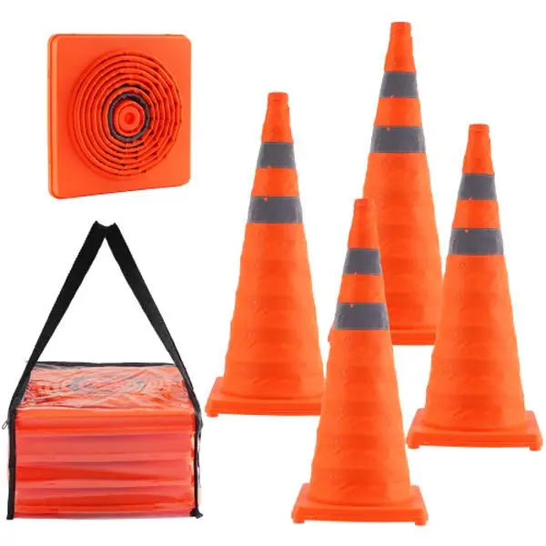 Reflective Foldable Safety Cones with Reflective Tape, 4-Pack 28-in Work Safety Traffic Cones, Wide Base, Carry Bag, Outdoor Use for Traffic Control, Driving Training