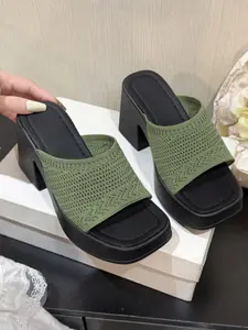 Women's Brown Knitted Square Toe Block Heel Mules, Minimalist Office-Chic Style, Comfortable Casual Slides #MinimalistOfficeShoes, #KnittedHeelMules, #ComfortCasualSlides