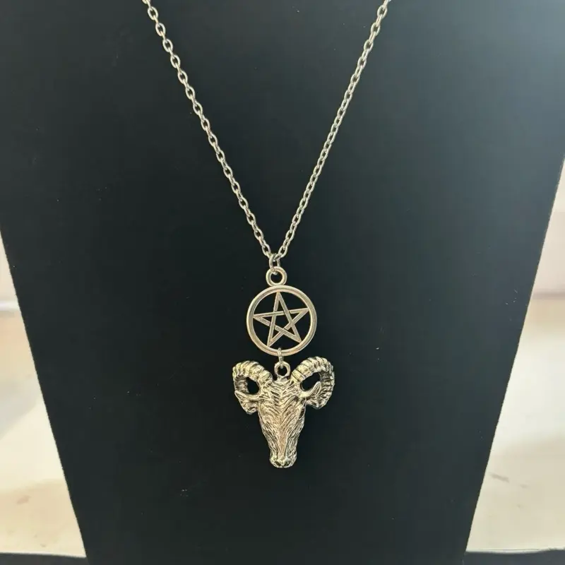 Baphomet Goats Head Satanic Pentagram Silver Color Necklace with Detailed Ram Design and Classic Chain