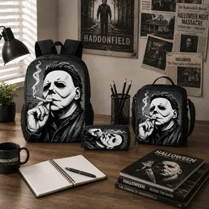 3Pcs Halloween Myers Backpack Set Large Capacity School Bookbag With Lunch Bag & Pencil Case Lightweight Backpack Aesthetic Travel Schoolbag For Teens Boys Girls Horror Movie Fan Back To School Gift Halloween Gift