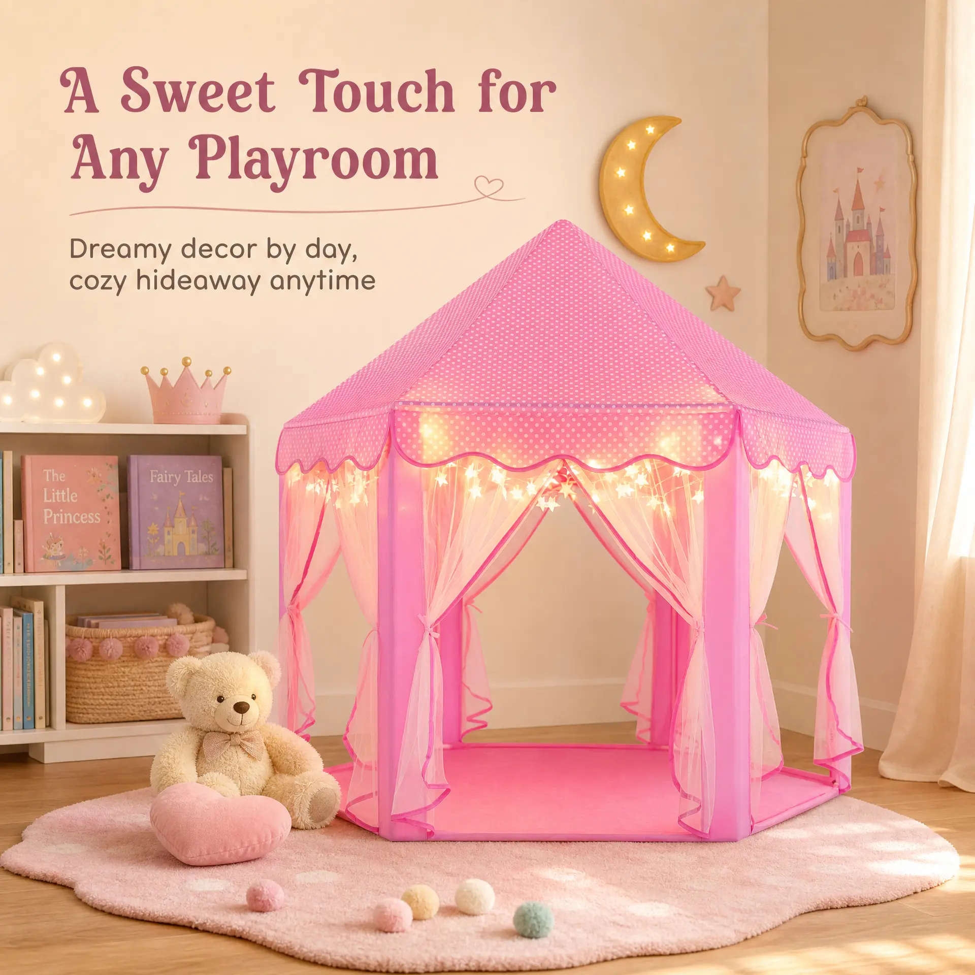 Apojungle Pink Castle Playhouse Tent - Hexagon Kids Toy, Indoor-Outdoor Portable Castle-Themed Playhouse, Tents & Tunnels, Outdoor Kids Toys, Ideal Birthday Gift for Girls