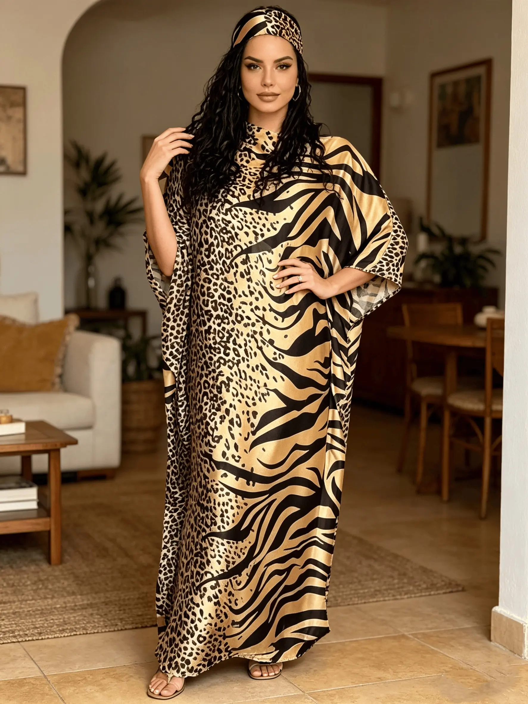1 dress+1 headscarf Plus Size  Tiger & Leopard Print Kaftan Dress With Matching Head Scarf 2 Piece Set Women Oversized Beach Cover Up Loose Modesty Muslim Clothing Muslim Abaya Resort Vacation Maxi Nightgown