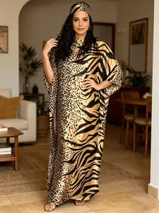 1 dress+1 headscarf Plus Size  Tiger & Leopard Print Kaftan Dress With Matching Head Scarf 2 Piece Set Women Oversized Beach Cover Up Loose Muslim Abaya Resort Vacation Maxi Nightgown