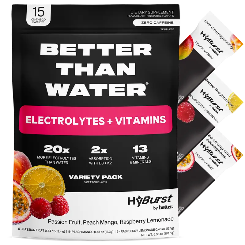 Better Than Water – Variety Pack - Hydration Multiplier Electrolyte + Vitamin Drink Mix | B12, L-Theanine, D3, K2, Zinc, Magnesium, Potassium | Calm Focus & All-Day Energy