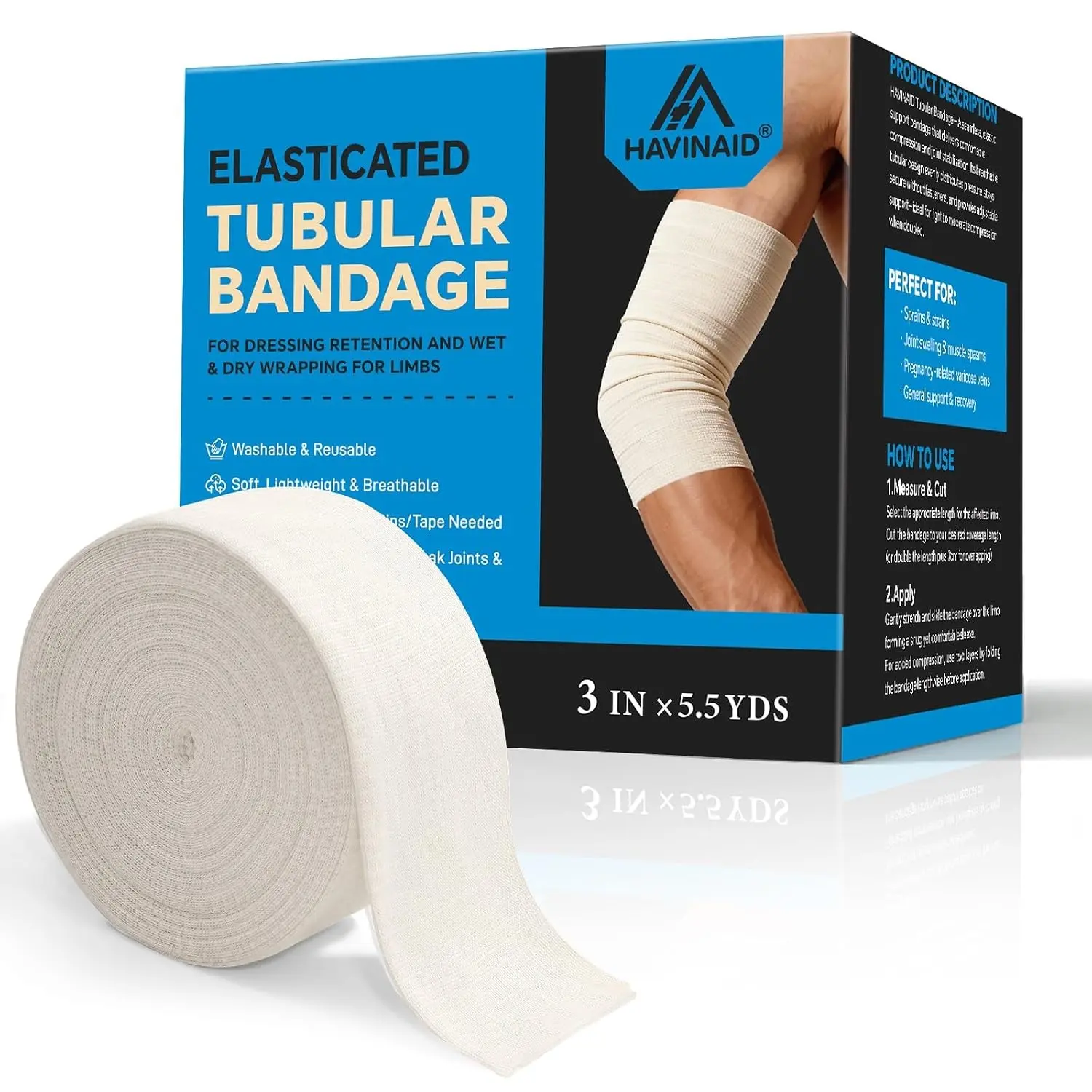 Latex-Free Elasticated Tubular Support Bandage with Stockinette Fabric, Breathable Tubular Compression Sleeve for Joint & Tissue Support on Arms, Knees, Legs (3" x 5.5 Yards) Size D