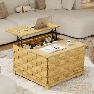 BROTTAR Lift Top Coffee Table, 31.5'' Square Coffee Table with with Storage, Farmhouse Coffee Tables with Hidden Storage, Center Table with Embossed Texture for Living Room, Home Office, Natural
