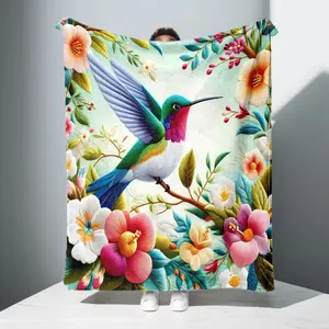 Beautiful Hummingbird and Floral Flannel Blanket, All-Season Comfort, Perfect for Home, Camping, Kitchen, Bedding, Great Gift Choice