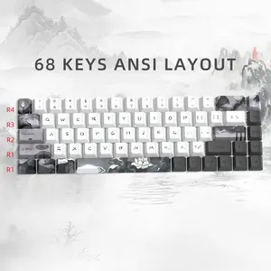 Ink Lotus Keycaps 68 Set, Custom PBT Cherry Profile Dye-Sublimation Key Caps for 68 Keys Cherry MX Switch Gaming Keyboard ANSI Layout(EN)