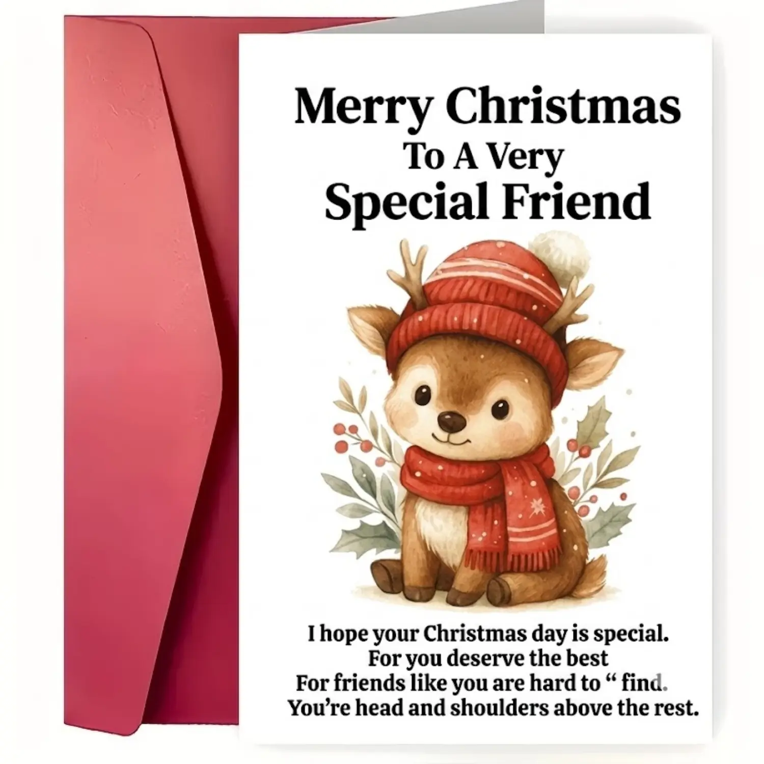 🎁 Perfect Bestie Gift! Cute Reindeer Merry Christmas Card for Special Friend 5x7 350GSM Premium Glossy Holiday Greeting Card with Red Envelope for Women Best Friends Sister Coworker Xmas Party Surprise Deepen Your Bond Instantly Today! ✨