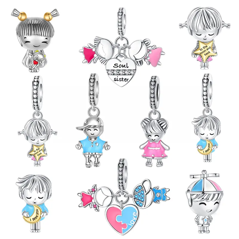 925 Silver-plated Family Kids Charm Beads, Cute Little Boy&Girl Charms for Necklace Bracelet, Perfect Gifts for Family