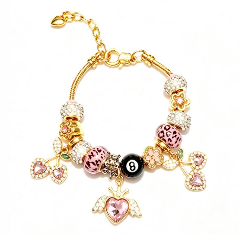 Gold Plated Snake Chain Charm Bracelet with Pink Leopard Print Beads, 8-Ball, Cherry & Winged Heart Crystal Charms, Y2K Cute Dainty Adjustable Jewelry Gift for Women Girls
