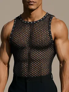 INCERUN Men's Fashion Casual Mesh Cut-Out Solid Color Vest, Perfect for Daily Sports Wear, Comfortable and Stylish Summer Top, Sleeveless Sports Vest