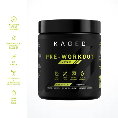 Kaged Pre-Workout Sport Powder for Athletes, Men & Women, 20 Servings | 188mg Natural Caffeine, 3.5g L-Citrulline, Beta-Alanine, Taurine & Electrolytes for Energy, Pump, Focus & Endurance | Informed Sport Certified Supplement Pre Workout Supplement Fitnes