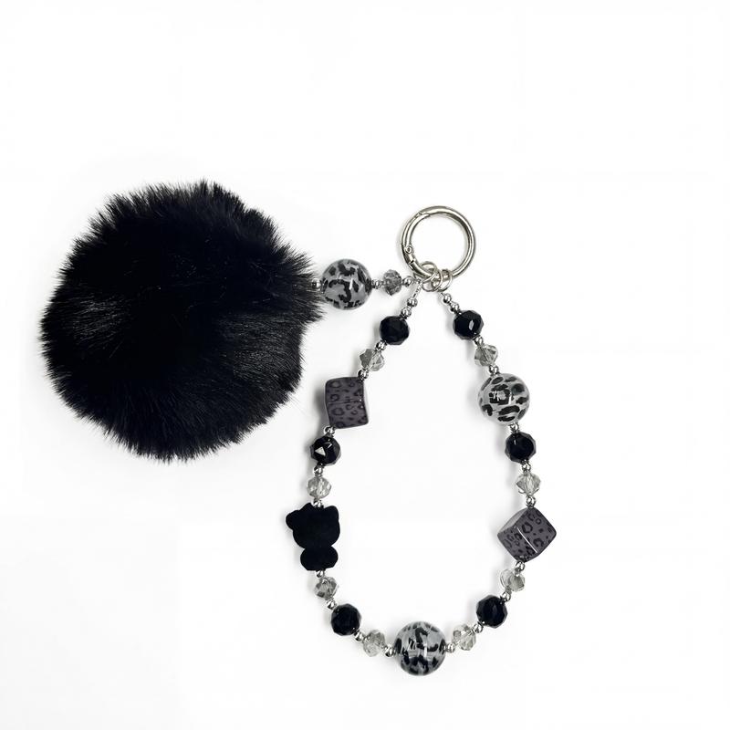 Minimalist Phone Charm Strap with Beads & Plush Pom – Cute Wrist Lanyard Keychain for Phone Case, Stylish Daily Accessory