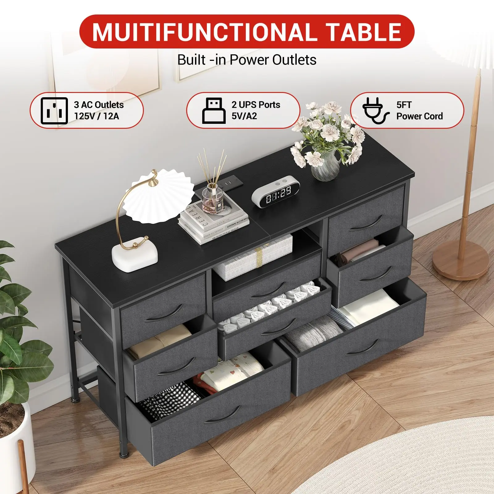55" Black Dresser With Power Outlet & LED Lights - 9 Drawer TV Stand For Bedroom Storage 55" Black Dresser With Power Outlet & LED Lights - 9 Drawer TV Stand For Bedroom Storage