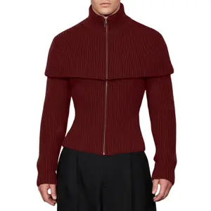  INCERUN Men's/Unisex Trendy Winter Burgundy Stand Collar Cape Knit Zip-Up | Slim Fit Shoulder Drape Sweater | Street Fashion, Art Event, Party Layering