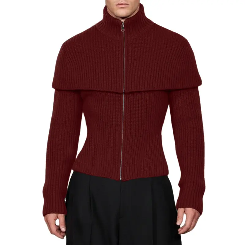INCERUN Mens Fashion Knitted Top - Slim Fit Longsleeve Vintage Burgundy Stand-Collar Half Zip Pullover, Shoulder Drape, Layer-Friendly Menswear for Street Fashion, Art Events