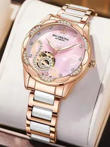 Women's Elegant Rhinestone Decorated Mechanical Watch, Fashion Round Dial Fully Automatic Mechanical Watch for Women & Girls, Trendy All-match & Exquisite Watch for Birthday Gift with Box, Rhinestone Wristwatch