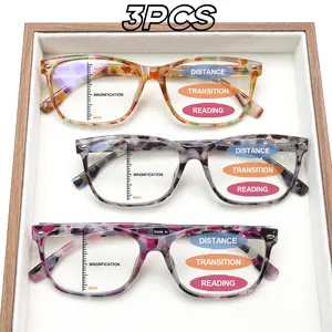 3 Pack Progressive Multifocal Reading Glasses for Women Blue Light Blocking Fashion Square Frame Spring Hinge Lightweight Readers
