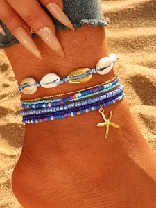 Casual Minimalist Beaded Shell Starfish Anklet Set, 7-Piece Women's Fashion Summer Vacation Gift, Trendy Beach Jewelry for Girls, Trendy Fashionable Accessories