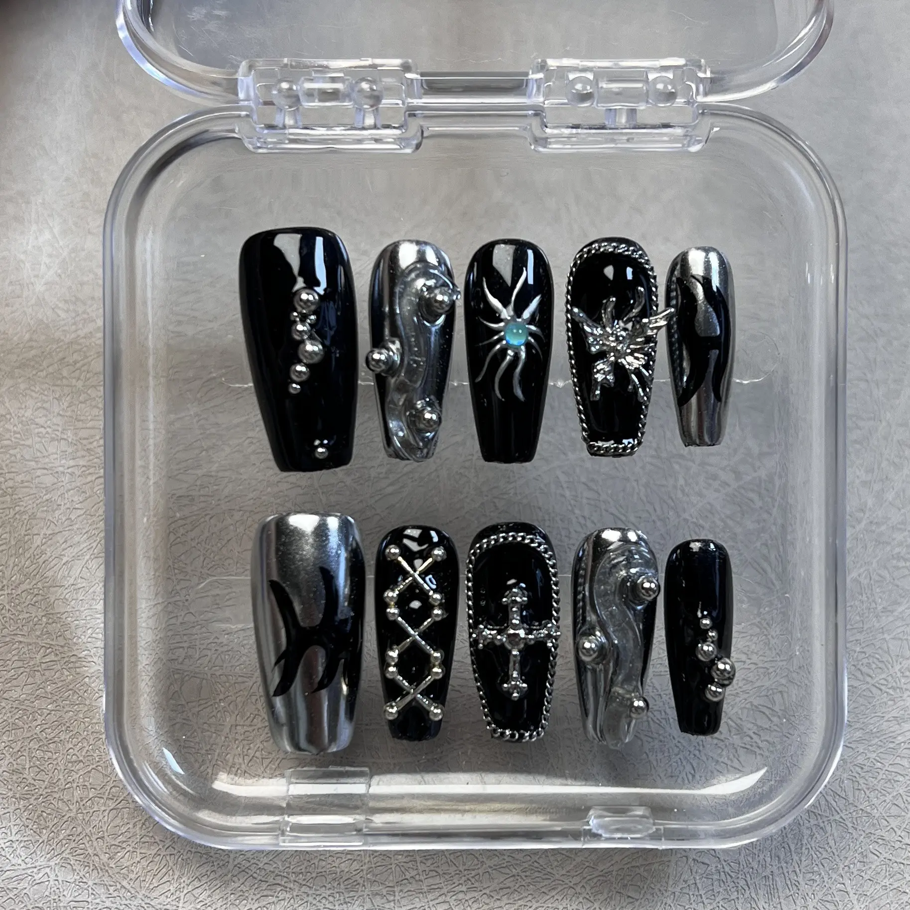 AuraMuse Nails 2025 | Black Gothic Design | 10PCS 100% Handmade Press-On Nails | Removable, Reusable&Durable | Coffin Acrylic Fake Nails Set