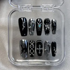 AuraMuse Nails 2025 | Black Gothic Design | 10PCS 100% Handmade Press-On Nails | Removable, Reusable&Durable | Coffin Acrylic Fake Nails Set