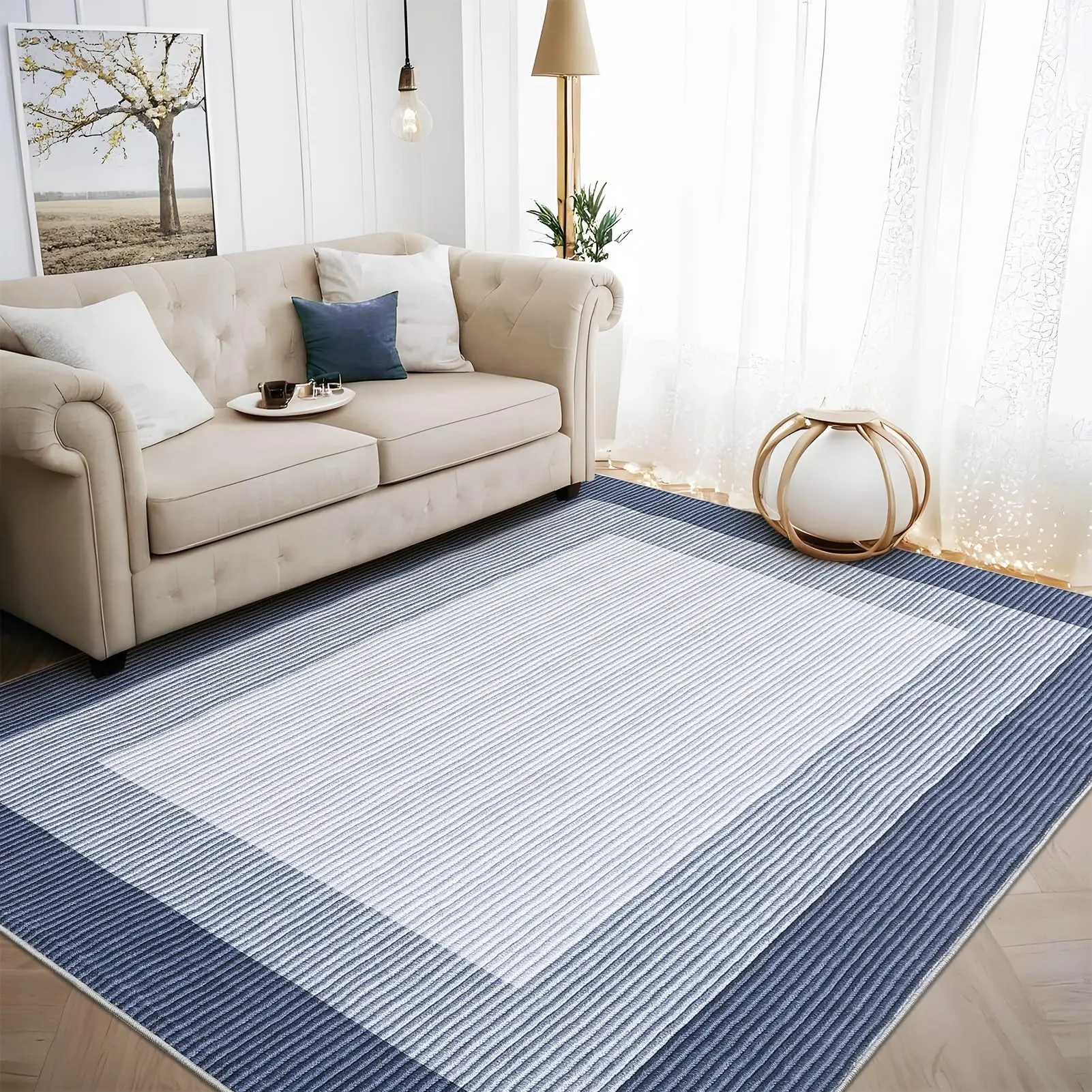 5x7 Washable Rug - Modern Non-Slip Geometric Textured Carpet for Living Room, Bedroom, Playroom, Dining Room, Entryway, Low Pile, Blue