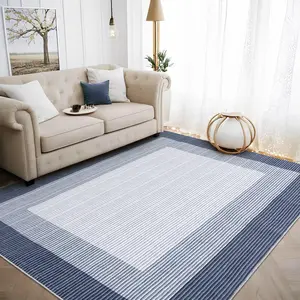 5x7 Washable Rug - Modern Non-Slip Geometric Textured Carpet for Living Room, Bedroom, Playroom, Dining Room, Entryway, Low Pile, Blue