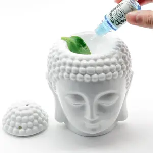 Porcelain Zen Garden Yoga Meditation White Thai Buddha Head Statue Essential Oil Burner Aromatherapy Diffuser Home Decor (White)