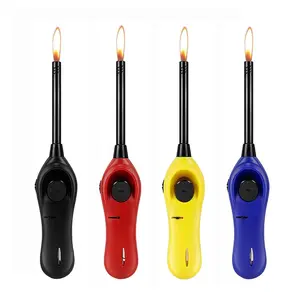 Navpeak Stainless Steel Long-Reach Neck Refillable Metal Wand Lighter Set, 4-Pack with Included Butane, Safety Lock & Adjustable Flame for Grill, Camping