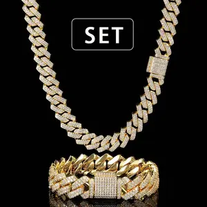 GAB 15MM 5A+CZ Ice Cuban Link Chain Bracelet Set,HighQuality