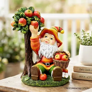 Johnny Apple Gnome Cute Garden Statue, 9" Orchid Picker Whimsical Dwarf Figurine