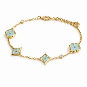 Gold Floral Charm Bracelet with Mint Accents – Delicate & Elegant