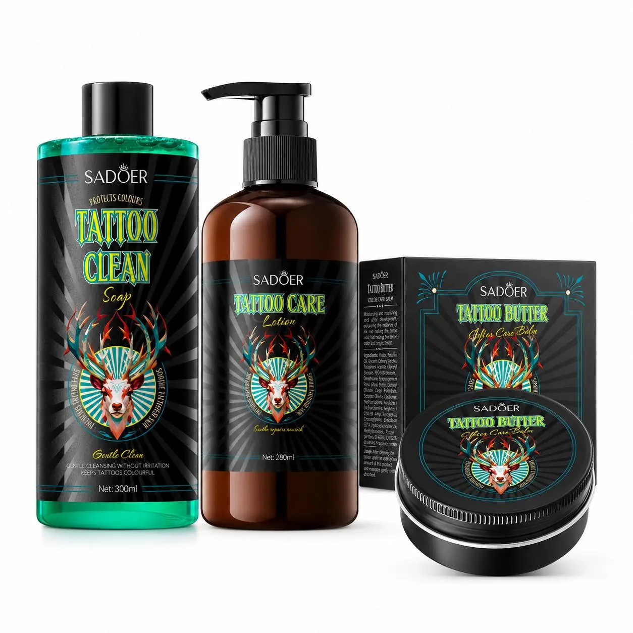 SADOER 3-Step Daily Aftercare System for Vibrant-Looking Ink, a Routine with Gentle Cleansing Soap, Lotion, and Color Butter for Smooth Skin Texture After Showering, Cleanser, Balm, Tattoo Care Kit, Body Care, Home, Self Care Products