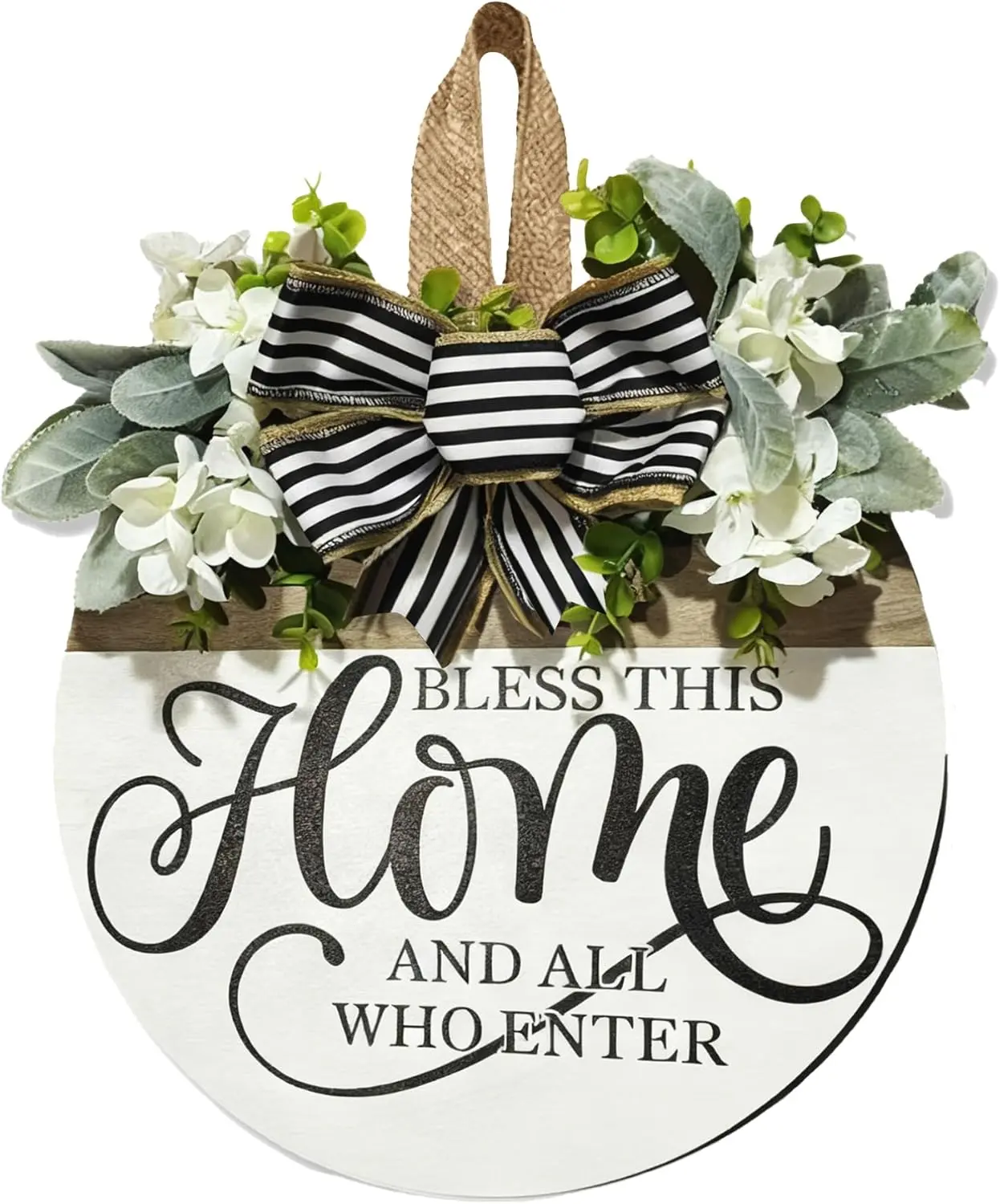 Welcome Wreaths Sign for Front Door, Rustic Wood Wreath with Bow, Bless This Home Porch Hanging Sign Gift, for All Seasons Holiday Farmhouse Outdoor & Indoor Decorations