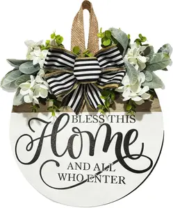 Welcome Wreaths Sign for Front Door, Rustic Wood Wreath with Bow, Bless This Home Porch Hanging Sign Gift, for All Seasons Holiday Farmhouse Outdoor & Indoor Decorations