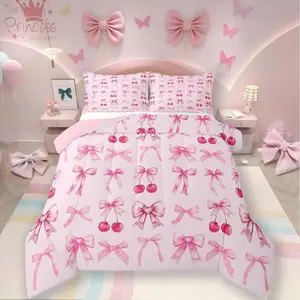 Pink Cherry Bow Comforter Set Cute Silk Ribbon Bowknot Twin Bedding Sets for Girls,Bow Tie Bed Set Dreamy Duvet Set,Girly Light Pink Room