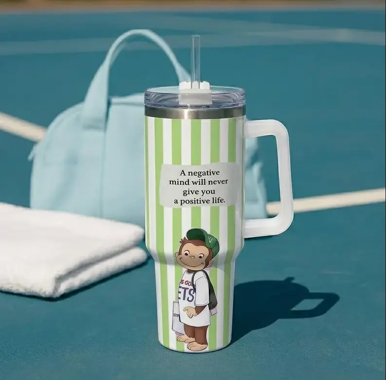 [Gift Box Included] 40oz, 20oz Cute Green Stripes Monkey Print Stainless Steel Tumbler with Handle and Straw Vacuum Insulated Travel Mug Fits Car Cup Holder Cute Gift for Monkey Lovers