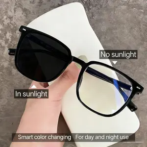 Square Thick Frame Photochromic Blue Light Blocking Glasses for Men Women Fashion Stylish Myopia Eyewear