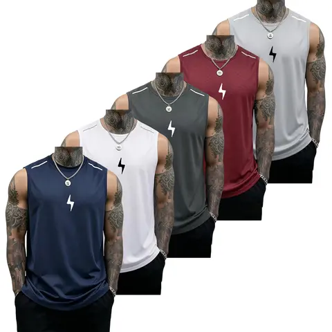 Men’s Regular-Fit Breathable Polyester Fabric Athletic Tops Set with Lightning Bolt Pattern - Sleeveless Casual Vests for Gym, Running