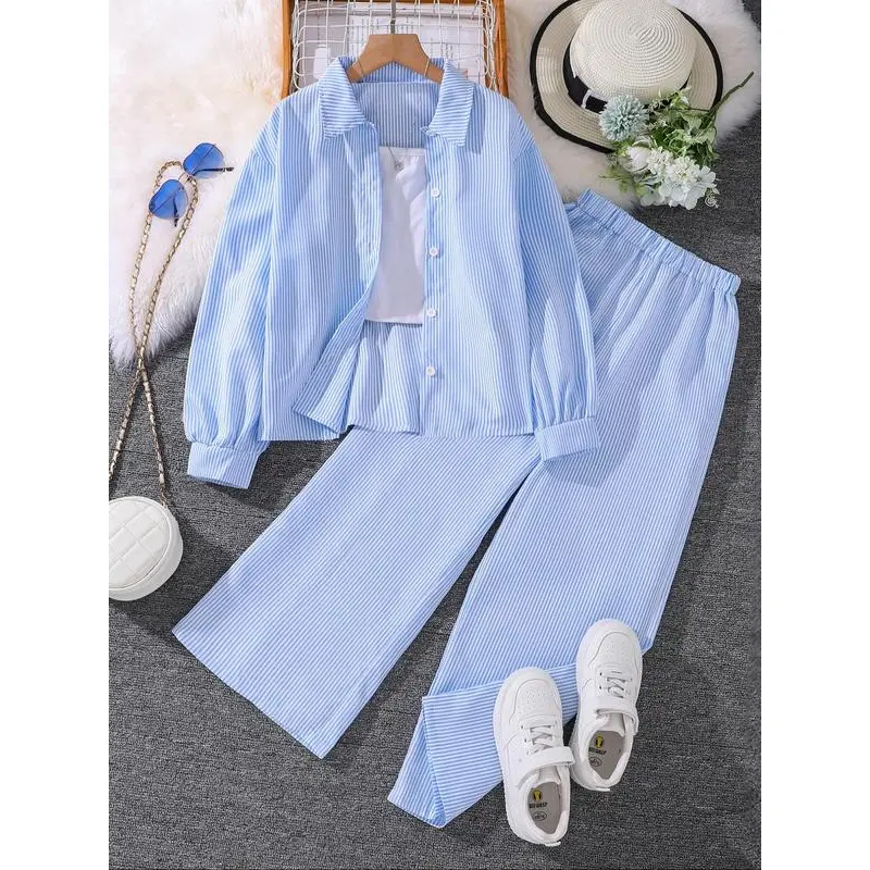 Long Sleeve Suit for Girls, Casual and Comfortable Versatile, Spring and Autumn Outfit, Suitable for Daily Wear and Going Out, Girls Elastic Waist Pants Two-Piece Set, Clean Embroidered Strap Shorts Three-Piece Set, Belt Pocket Cargo Pants