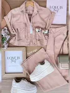 New Summer Spring Casual Commuter Workwear Set, Large Pocket Short Sleeve Top + Long Pants Two-Piece Set, Elegant Office Wear Women's